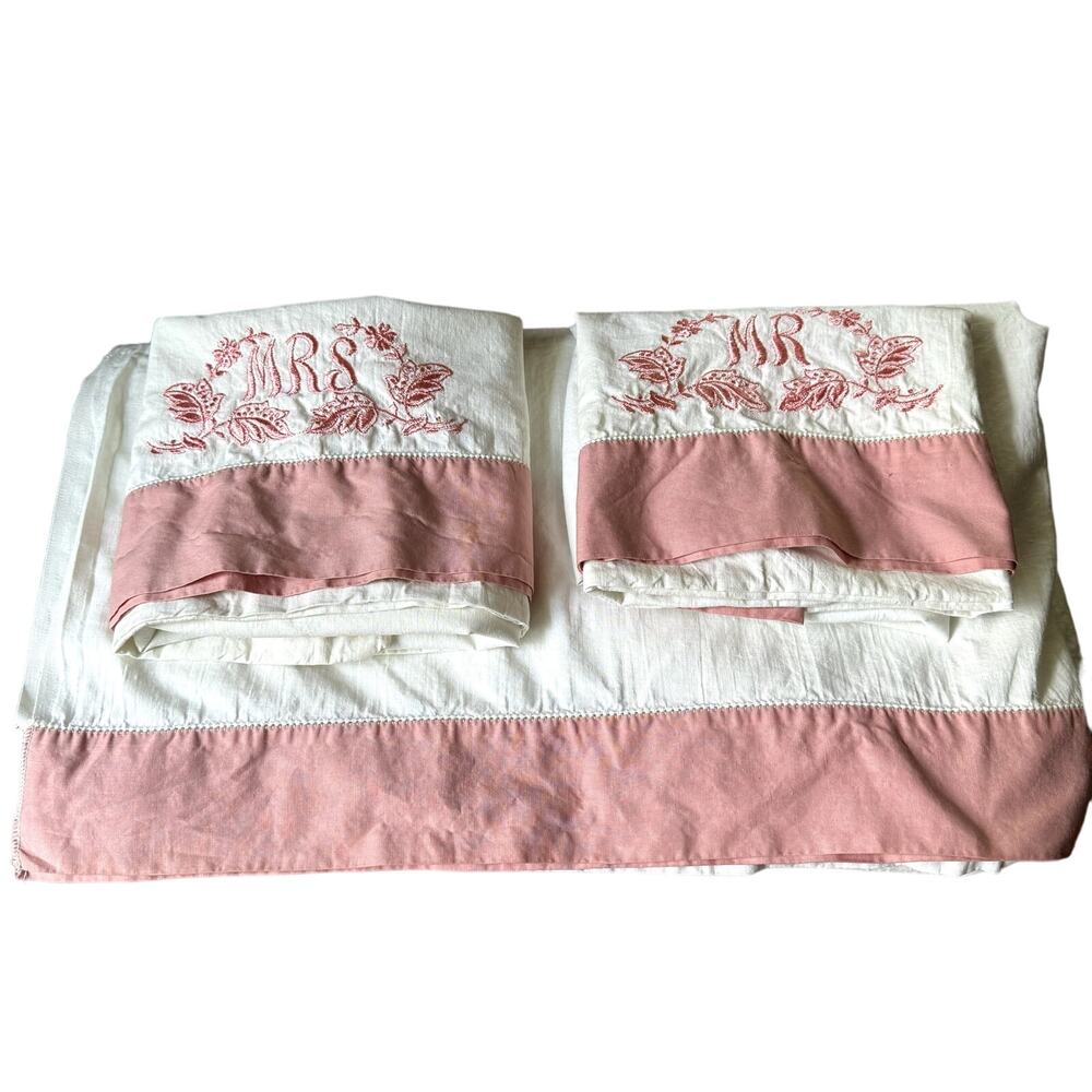 Vintage Pink Embroidered Mr Mrs Wedding Pillowcases Flat Sheet Cotton Cottage